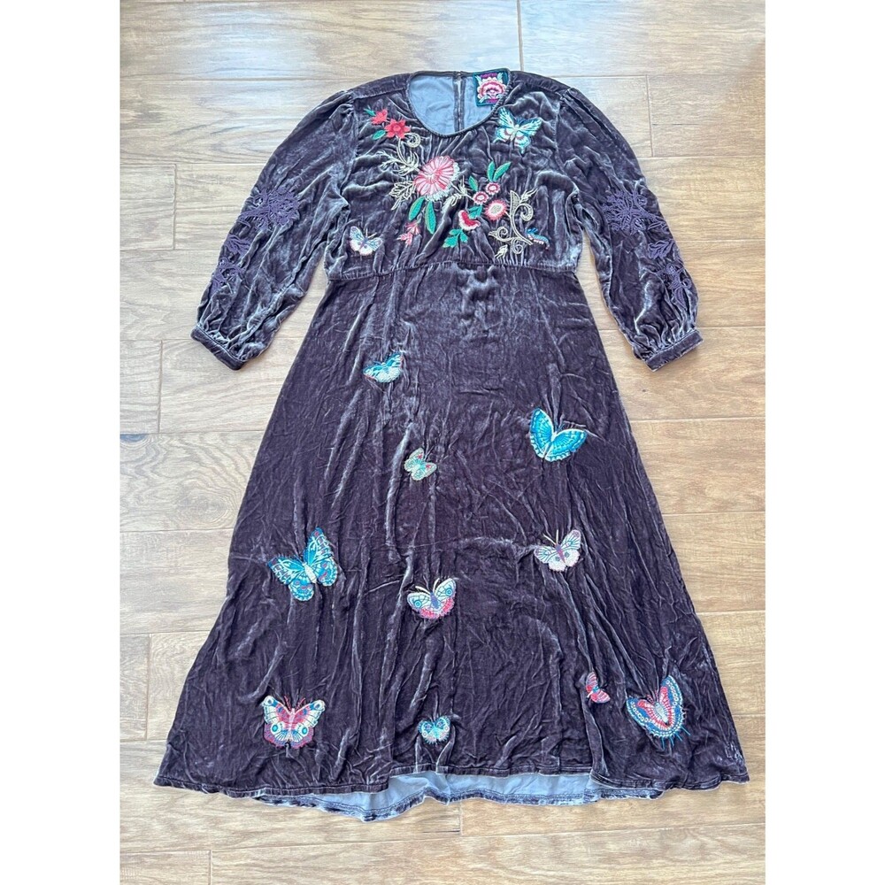 Johnny Was Luciana Velvet Embroidered Butterfly Midi Dress M Coffee Bean